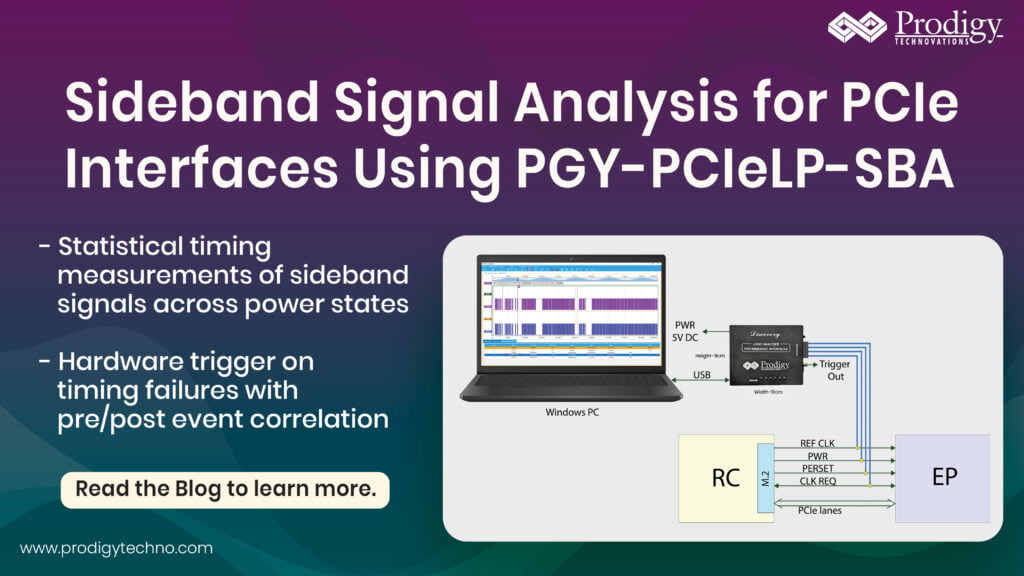 PCIe Low Power Side Band Signal Analyzer showing sideband signal monitoring and low-power state validation setup