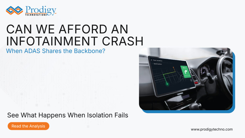 Can We Afford an Infotainment Crash When ADAS Shares the Backbone?” alongside a car dashboard infotainment screen displaying navigation