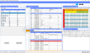 Screenshot of a UFS protocol analyzer software interface showing MPHY, UniPro, and UFS frame decoding with packet timestamps, power state transitions, and command-level correlation views