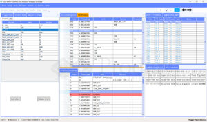 UFS protocol analyzer interface displaying synchronized MPHY, UniPro, and UFS layer views with command decoding, DL_DATA frames, and power state transitions during write operations.