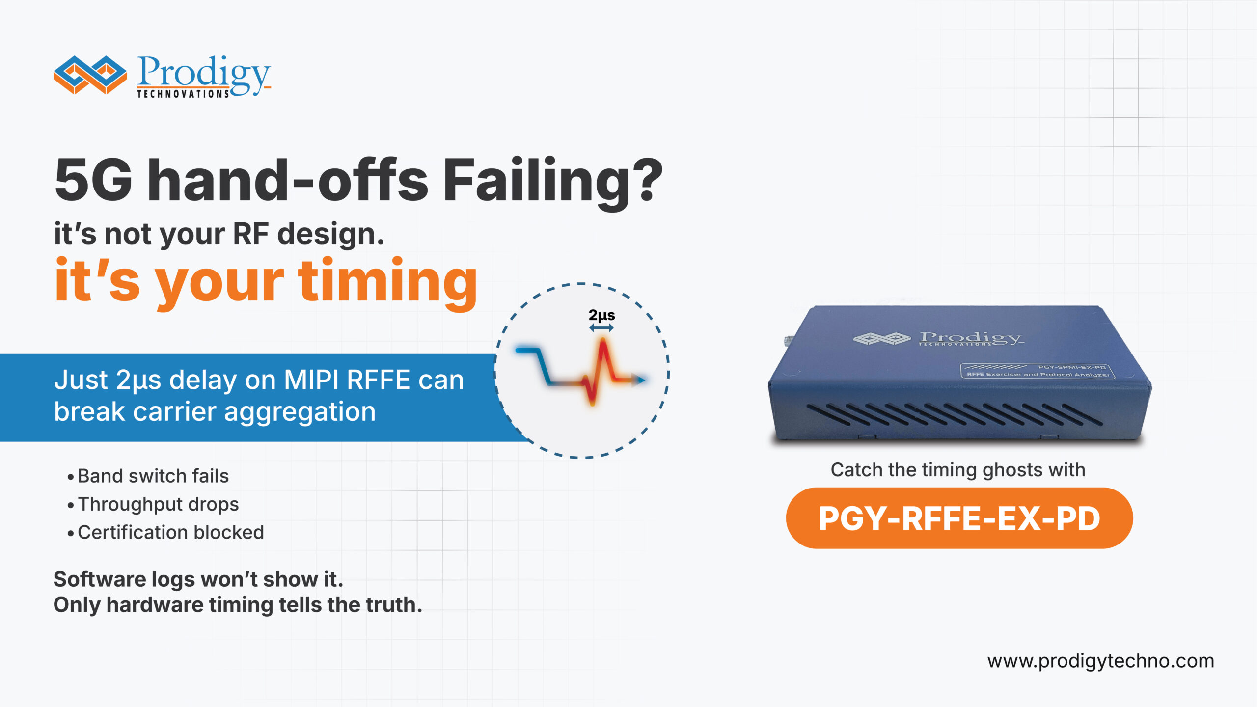 5G hand-off failures caused by MIPI RFFE timing delay with Prodigy Technovations PGY-RFFE-EX-PD analyzer