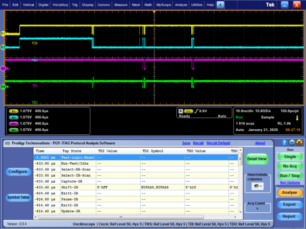 JTAG protocol decode software showing waveform and decode table on Tektronix oscilloscope plugin – Prodigy Technovations