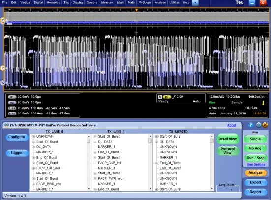 MIPI M-PHY waveform capture and protocol decoding showing burst signals and data transitions in a UFS analysis tool