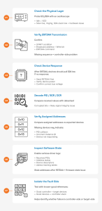 Infographic outlining a 7-step process to debug I3C DAA failures, including physical layer checks, ENTDAA verification, device response analysis, PID decoding, address validation, software inspection, and fault isolation.